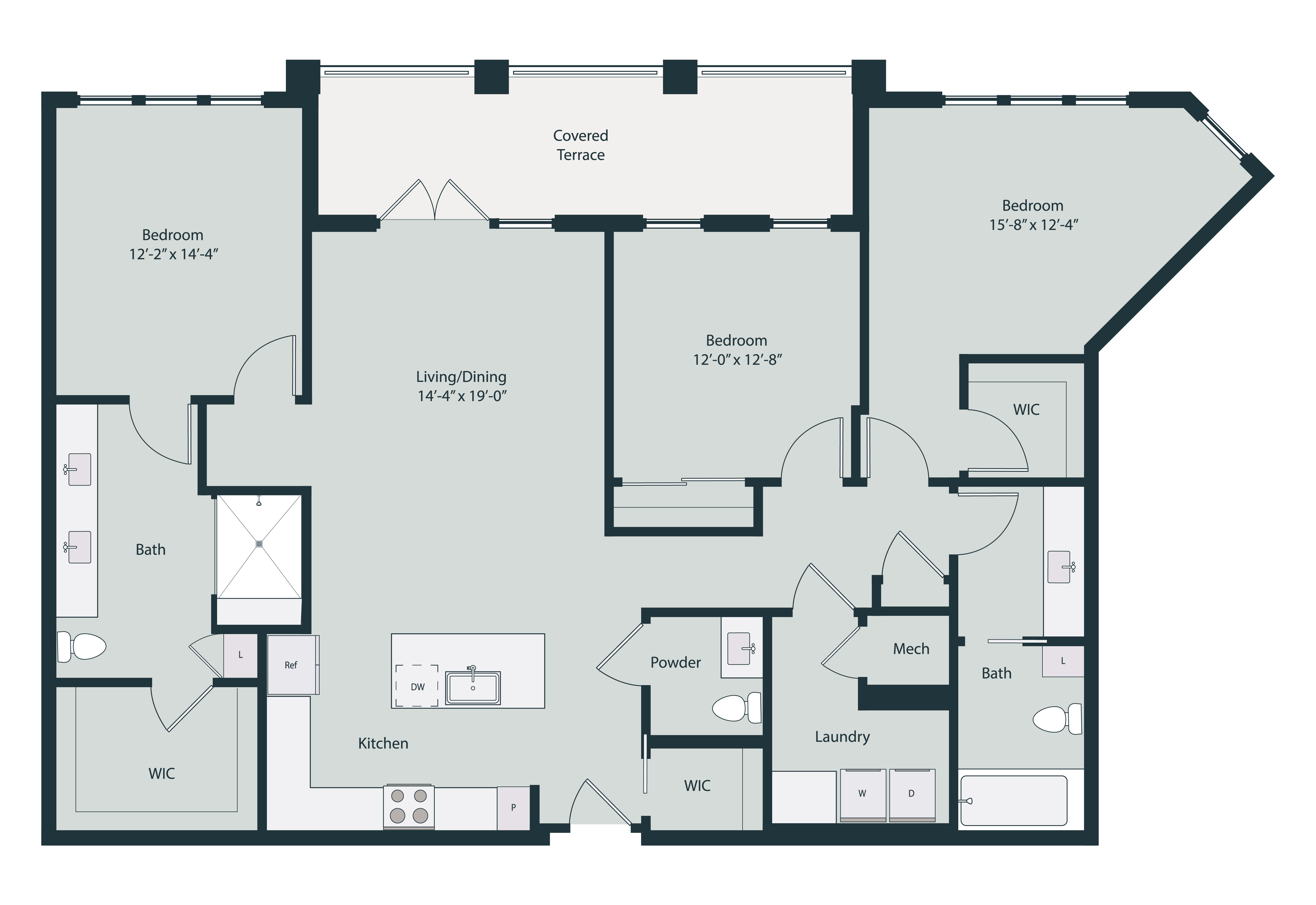 Floor plan for 3 beds, 2.5 baths, 1755 sqft